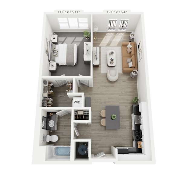 Thumbnail 6 of 7 The Harmony floor plan at Contrast OTR in Cincinnati’s Over-the-Rhine is a modern one-bedroom, one-bathroom layout with open living, sleek kitchen, walk-in closet, and in-unit washer and dryer—ideal for downtown living near TQL Stadium