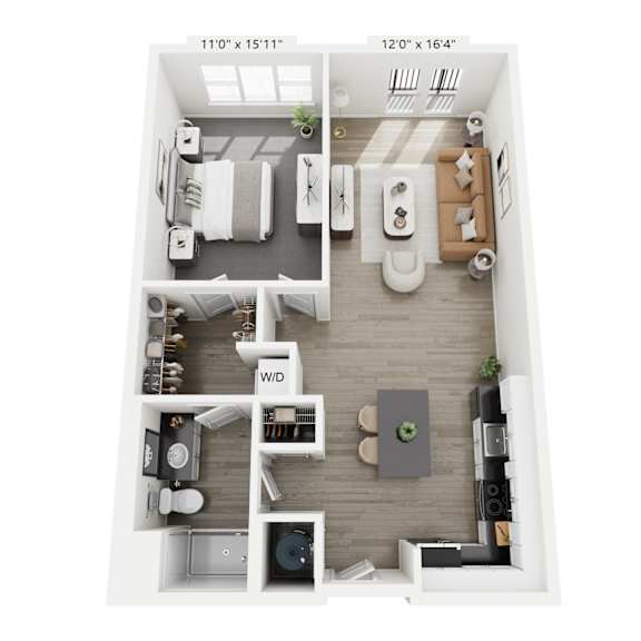 Thumbnail 7 of 7 The Harmony floor plan at Contrast OTR in Cincinnati’s Over-the-Rhine is a modern one-bedroom, one-bathroom layout with open living, sleek kitchen, walk-in closet, and in-unit washer and dryer—ideal for downtown living near TQL Stadium