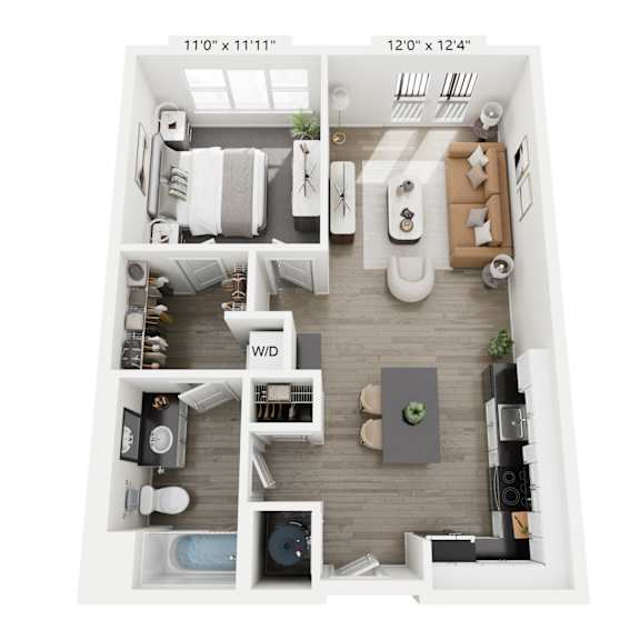Thumbnail 2 of 7 The Harmony floor plan at Contrast OTR in Cincinnati’s Over-the-Rhine is a modern one-bedroom, one-bathroom layout with open living, sleek kitchen, walk-in closet, and in-unit washer and dryer—ideal for downtown living near TQL Stadium