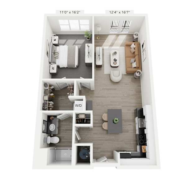 Thumbnail 5 of 7 The Harmony floor plan at Contrast OTR in Cincinnati’s Over-the-Rhine is a modern one-bedroom, one-bathroom layout with open living, sleek kitchen, walk-in closet, and in-unit washer and dryer—ideal for downtown living near TQL Stadium
