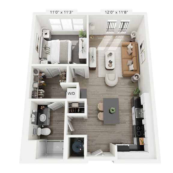 Thumbnail 1 of 7 The Harmony floor plan at Contrast OTR in Cincinnati’s Over-the-Rhine is a modern one-bedroom, one-bathroom layout with open living, sleek kitchen, walk-in closet, and in-unit washer and dryer—ideal for downtown living near TQL Stadium