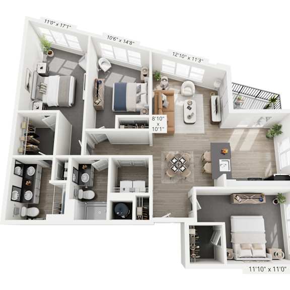 Thumbnail 1 of 3 The Oblique floor plan at Contrast OTR in Cincinnati’s Over-the-Rhine is a three-bedroom, two-bath with a unique layout, open living, and in-unit laundry—perfect for upscale downtown living near TQL Stadium.