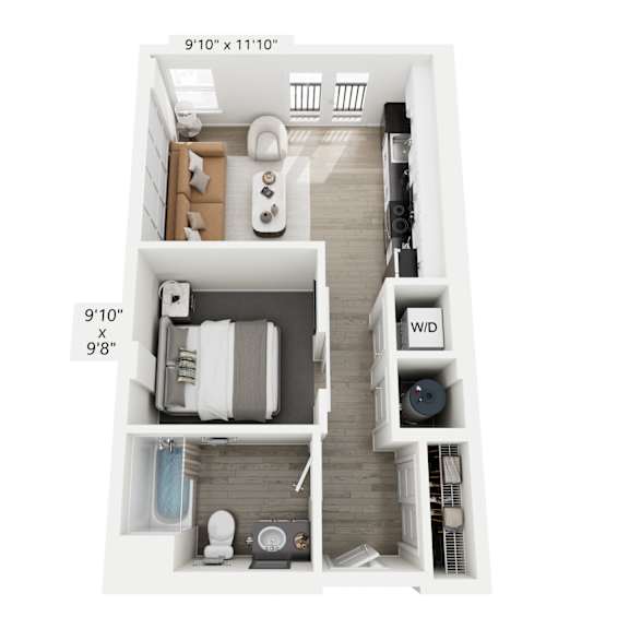 Thumbnail 3 of 5 The Echo floor plan at Contrast OTR in Cincinnati’s Over-the-Rhine is a stylish studio apartment with an open layout, modern kitchen, sleeping nook, and in-unit washer and dryer—perfect for efficient urban living near downtown and TQL Stadium