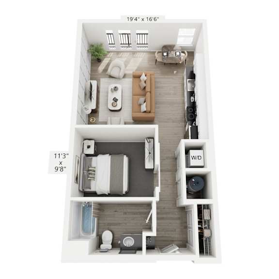 Thumbnail 1 of 5 The Echo floor plan at Contrast OTR in Cincinnati’s Over-the-Rhine is a stylish studio apartment with an open layout, modern kitchen, sleeping nook, and in-unit washer and dryer—perfect for efficient urban living near downtown and TQL Stadium