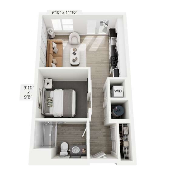 Thumbnail 4 of 5 The Echo floor plan at Contrast OTR in Cincinnati’s Over-the-Rhine is a stylish studio apartment with an open layout, modern kitchen, sleeping nook, and in-unit washer and dryer—perfect for efficient urban living near downtown and TQL Stadium