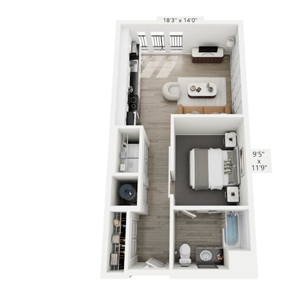 Thumbnail 2 of 5 The Echo floor plan at Contrast OTR in Cincinnati’s Over-the-Rhine is a stylish studio apartment with an open layout, modern kitchen, sleeping nook, and in-unit washer and dryer—perfect for efficient urban living near downtown and TQL Stadium