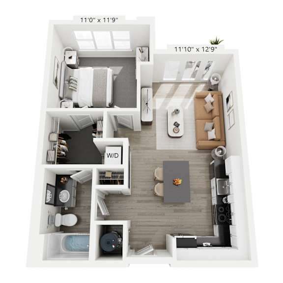 Thumbnail 4 of 7 The Harmony floor plan at Contrast OTR in Cincinnati’s Over-the-Rhine is a modern one-bedroom, one-bathroom layout with open living, sleek kitchen, walk-in closet, and in-unit washer and dryer—ideal for downtown living near TQL Stadium