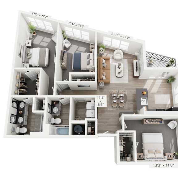 Thumbnail 2 of 3 The Oblique floor plan at Contrast OTR in Cincinnati’s Over-the-Rhine is a three-bedroom, two-bath with a unique layout, open living, and in-unit laundry—perfect for upscale downtown living near TQL Stadium.