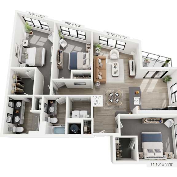 Thumbnail 3 of 3 The Oblique floor plan at Contrast OTR in Cincinnati’s Over-the-Rhine is a three-bedroom, two-bath with a unique layout, open living, and in-unit laundry—perfect for upscale downtown living near TQL Stadium.
