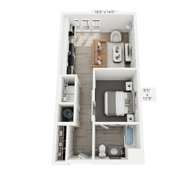 Thumbnail 5 of 5 The Echo floor plan at Contrast OTR in Cincinnati’s Over-the-Rhine is a stylish studio apartment with an open layout, modern kitchen, sleeping nook, and in-unit washer and dryer—perfect for efficient urban living near downtown and TQL Stadium