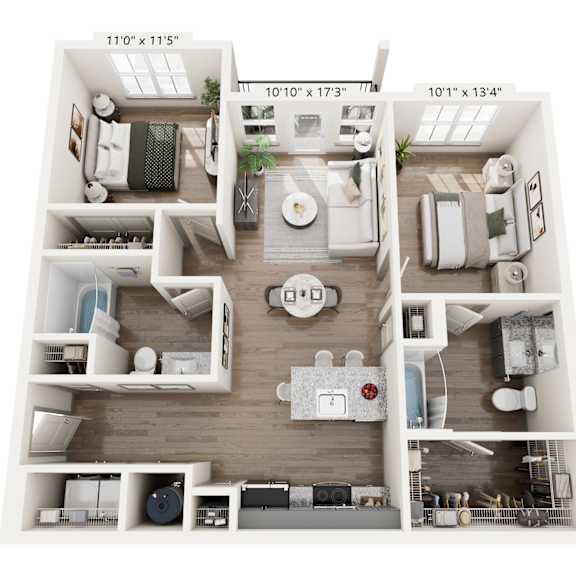 Thumbnail 3 of 4 Two-bedroom, two-bath floor plan at Montage West Lafayette with open-concept living area.