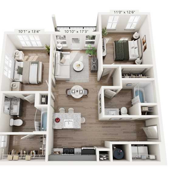 Thumbnail 2 of 4 Two-bedroom floor plan at Montage West Lafayette with open kitchen, living room, and balcony access.