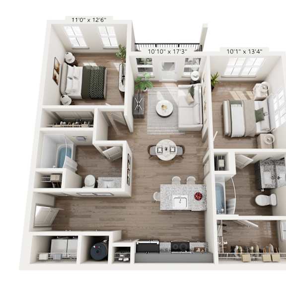 Thumbnail 1 of 4 Modern two-bedroom, two-bath floor plan at Montage West Lafayette with large windows and open layout.