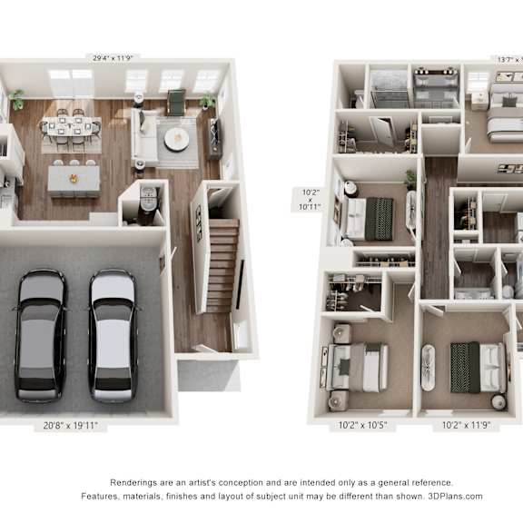 Thumbnail 1 of 2 The Retreat floor plan at Mural Lewis Center — spacious 3-bedroom single-family rental home with open kitchen, private garage, and modern finishes in Lewis Center, OH.