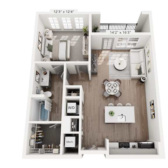 Thumbnail 1 of 4 One-bedroom residence at Portrait Midtown including a bright living room, contemporary kitchen with island, spacious bedroom with natural light, updated bathroom, and generous closet space.