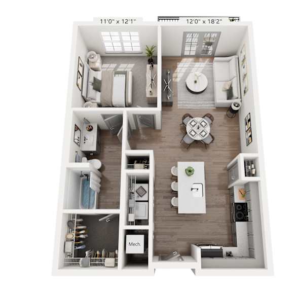 Thumbnail 1 of 3 One-bedroom apartment at Portrait Midtown featuring an open living space, full kitchen with island, bright bedroom with large windows, modern bathroom, and generous closet storage.
