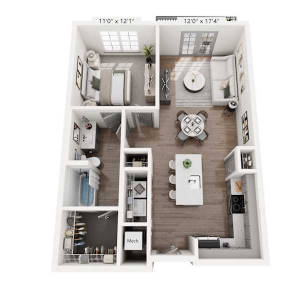 Thumbnail 3 of 3 One-bedroom floor plan at Portrait Midtown offering a wide living area with natural light, modern kitchen design, spacious bedroom, stylish bathroom, and walk-in closet storage.
