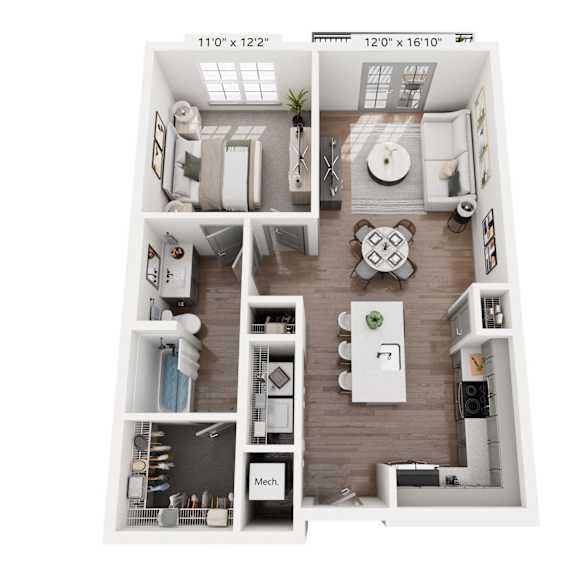 Thumbnail 2 of 3 One-bedroom apartment at Portrait Midtown featuring a large sunlit bedroom, open living and dining layout, updated kitchen with island seating, modern bathroom, and walk-in closet.