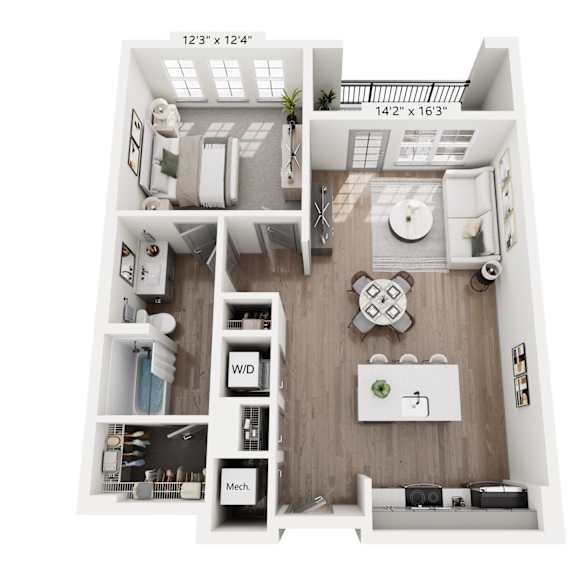 Thumbnail 4 of 4 One-bedroom apartment at Portrait Midtown offering a private balcony, open living area, kitchen with island seating, large bedroom, full bathroom, and convenient in-unit washer and dryer.