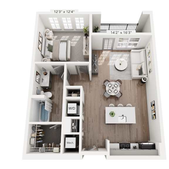 Thumbnail 2 of 4 One-bedroom apartment layout at Portrait Midtown featuring a bright living room, full kitchen with island, sizable bedroom, modern bathroom, and in-unit laundry with walk-in closet storage.