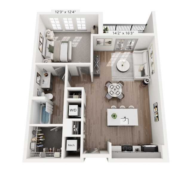 Thumbnail 3 of 4 One-bedroom apartment at Portrait Midtown featuring an open living and dining space, updated kitchen with island seating, spacious bedroom with large windows, modern bathroom, and ample storage.