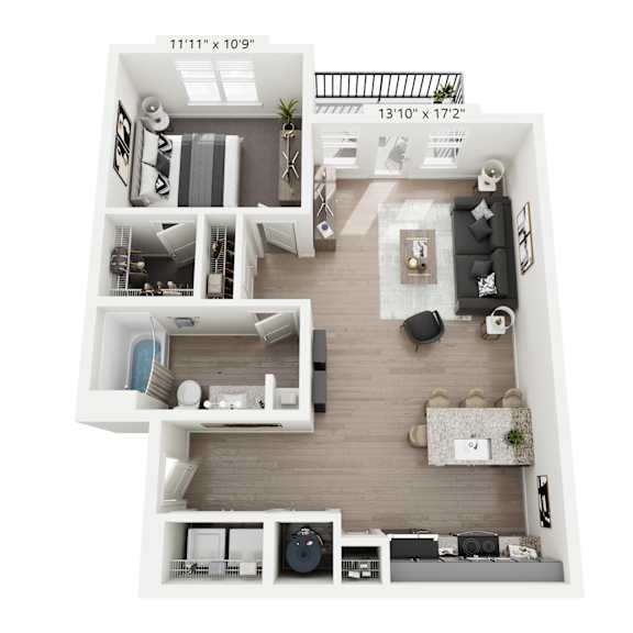 Thumbnail 2 of 2 Moonraker 1-bedroom, 1-bathroom apartment at Nook Nine in Indianapolis, IN 46240, featuring an expansive open living area, gourmet kitchen with a breakfast bar, private balcony, and a generous walk-in closet, blending comfort and style near Keystone at the Crossing.