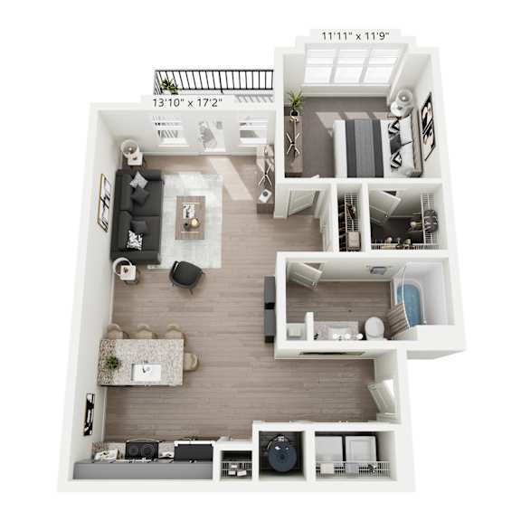 Thumbnail 1 of 2 Moonraker 1-bedroom, 1-bathroom apartment at Nook Nine in Indianapolis, IN 46240, featuring an expansive open living area, gourmet kitchen with a breakfast bar, private balcony, and a generous walk-in closet, blending comfort and style near Keystone at the Crossing.