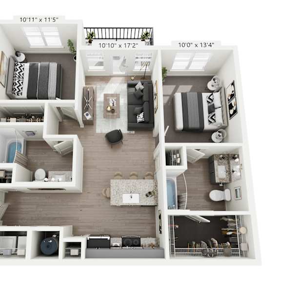 Thumbnail 2 of 2 Calypso 2-bedroom, 2-bathroom apartment at Nook Nine in Indianapolis, IN 46240, designed with a modern open-concept floor plan, stylish kitchen with stainless steel appliances, private balcony, spacious walk-in closets, and dual ensuite bathrooms, offering premier comfort near Keystone at the Crossing.