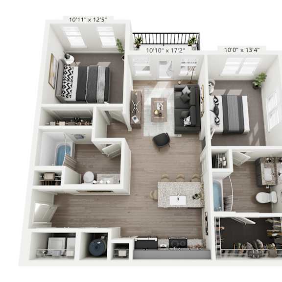 Thumbnail 1 of 2 Calypso 2-bedroom, 2-bathroom apartment at Nook Nine in Indianapolis, IN 46240, designed with a modern open-concept floor plan, stylish kitchen with stainless steel appliances, private balcony, spacious walk-in closets, and dual ensuite bathrooms, offering premier comfort near Keystone at the Crossing.
