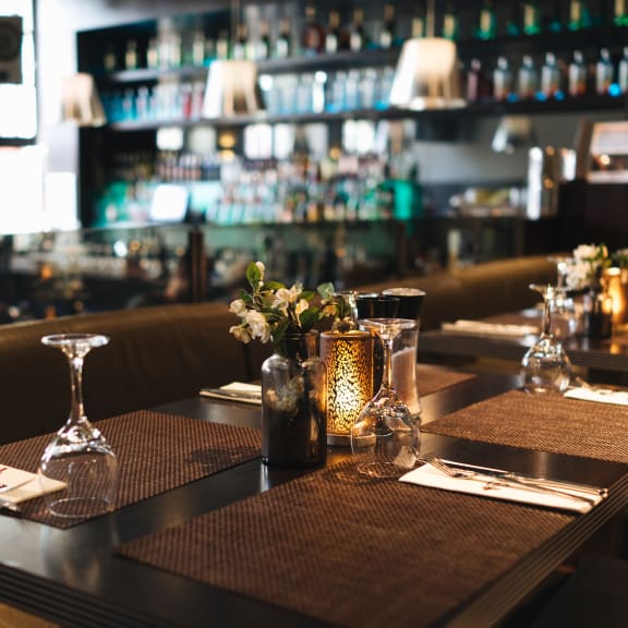 Restaurant dining and seating area at Borregas Court Apartments, California, 94089