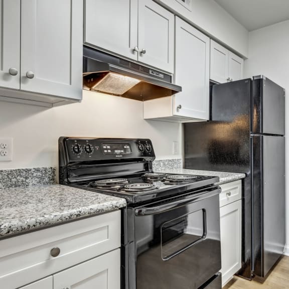 Whitney Manor Apartments in Gretna, LA photo of kitchen with black appliances and grey cabinets