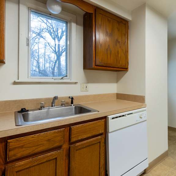 a kitchen with a white dishwasher and wooden cabinets.