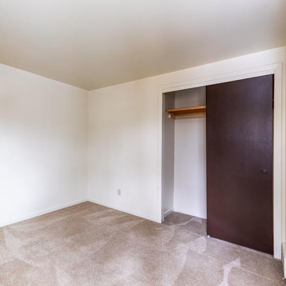 a room with a brown carpet and a brown door.