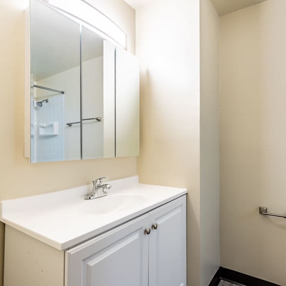 a bathroom with a sink, mirror, and toilet.