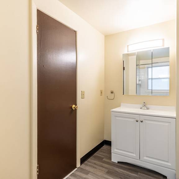 a bathroom with a brown door, white cabinet, and a mirror.