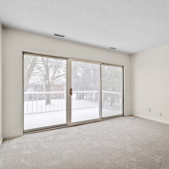 a room with a carpeted floor and a view of a snowy landscape through a sliding glass door.