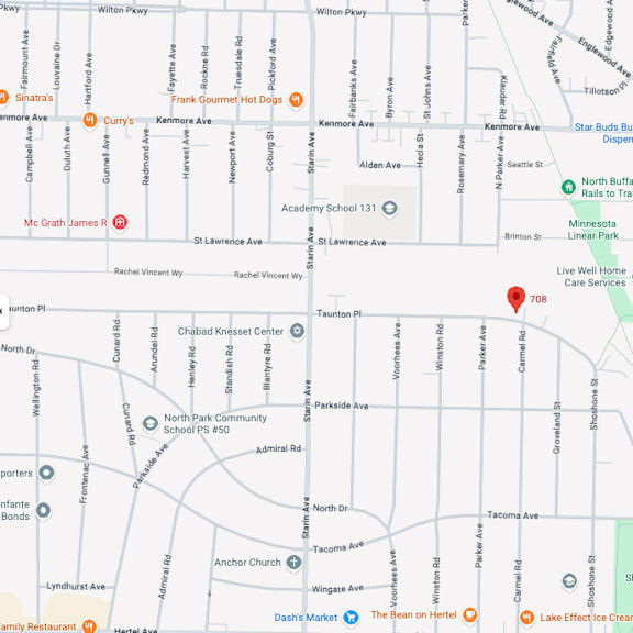 a map with a red pin marking a specific location.