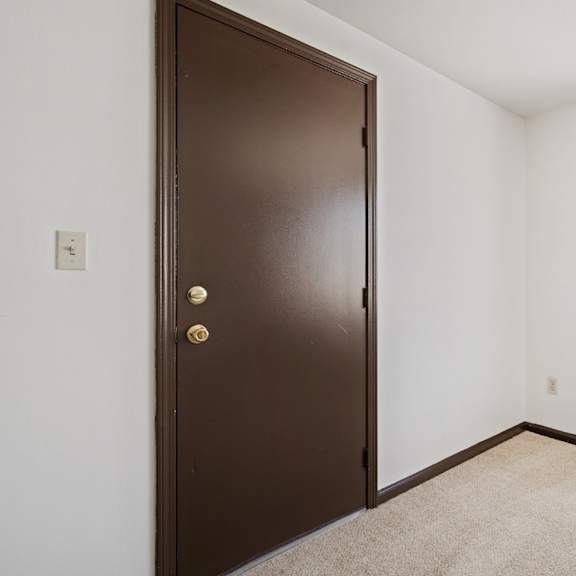 a brown door with a gold handle is in a room with a carpeted floor and a window.