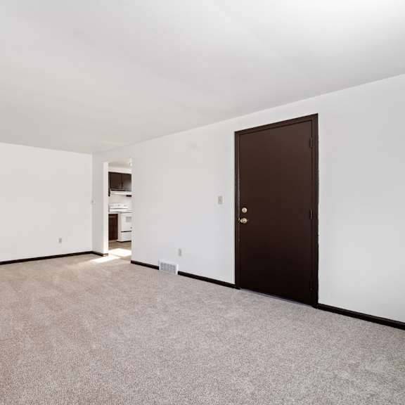 a room with a brown door and carpeted floor.