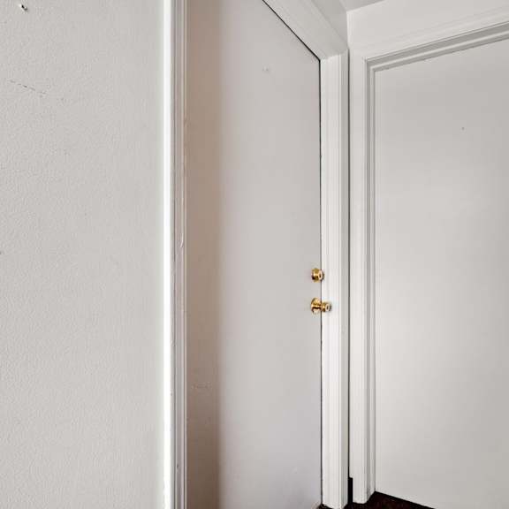 a white door with a gold handle is open.