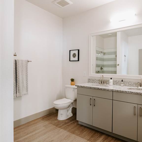 a bathroom with a toilet, sink, and mirror.