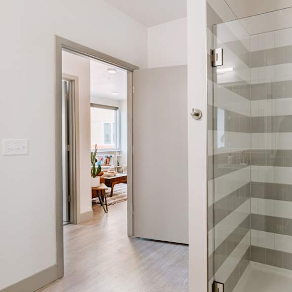 a bathroom with a walk-in shower and a doorway leading to a living room.