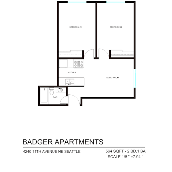 Thumbnail 3 of 9 A floor plan for Badger Apartments shows two bedrooms, a living room, a kitchen, and a bathroom.