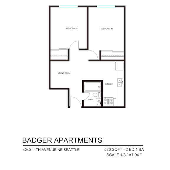 Thumbnail 4 of 9 A floor plan for Badger Apartments shows two bedrooms, a living room, a kitchen, and a bathroom.
