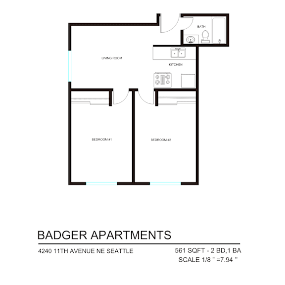 Thumbnail 7 of 9 A floor plan for Badger Apartments shows two bedrooms and two bathrooms.