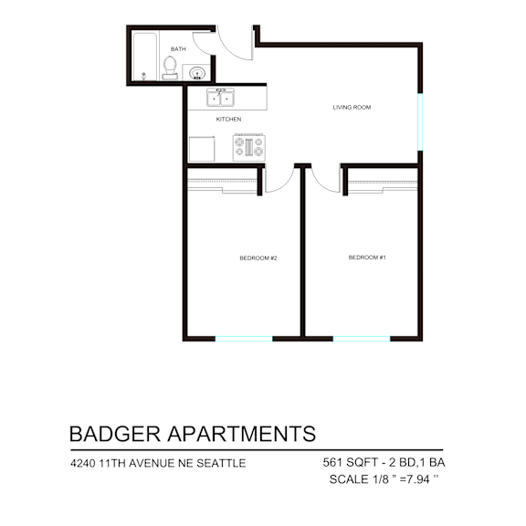 Thumbnail 6 of 9 A floor plan for Badger Apartments shows the layout of the living room, kitchen, and bedrooms.