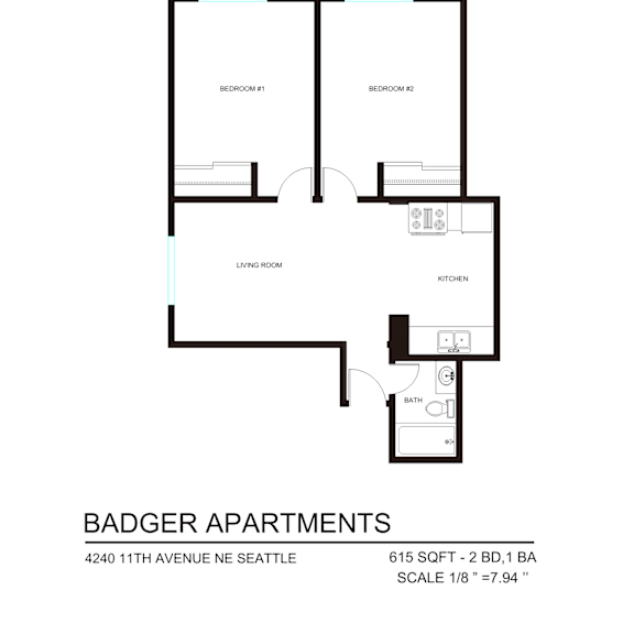 Thumbnail 5 of 9 A floor plan for Badger Apartments shows two bedrooms, a living room, a kitchen, and a bathroom.