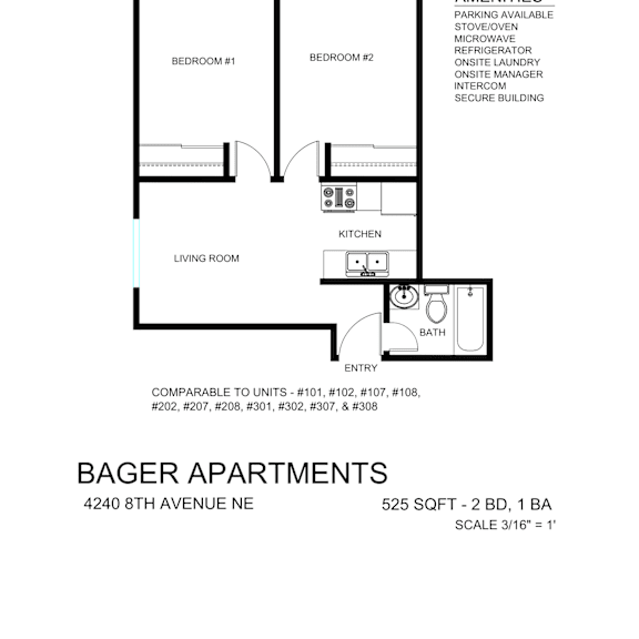 Thumbnail 1 of 9 A floor plan for Bager Apartments shows two bedrooms, a living room, a kitchen, and an entry.