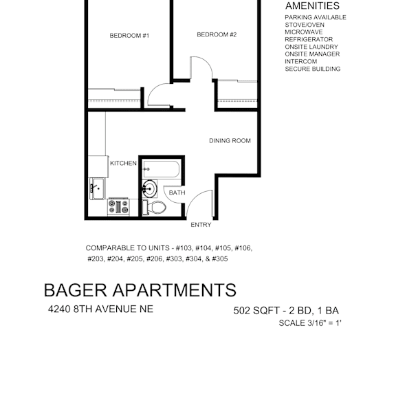 Thumbnail 2 of 9 A floor plan for Bager Apartments shows two bedrooms, a dining room, kitchen, and bath.