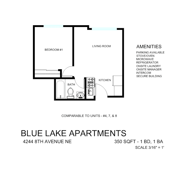 Thumbnail 1 of 2 A floor plan for Blue Lake Apartments shows a living room, a kitchen, a bathroom, and a bedroom.